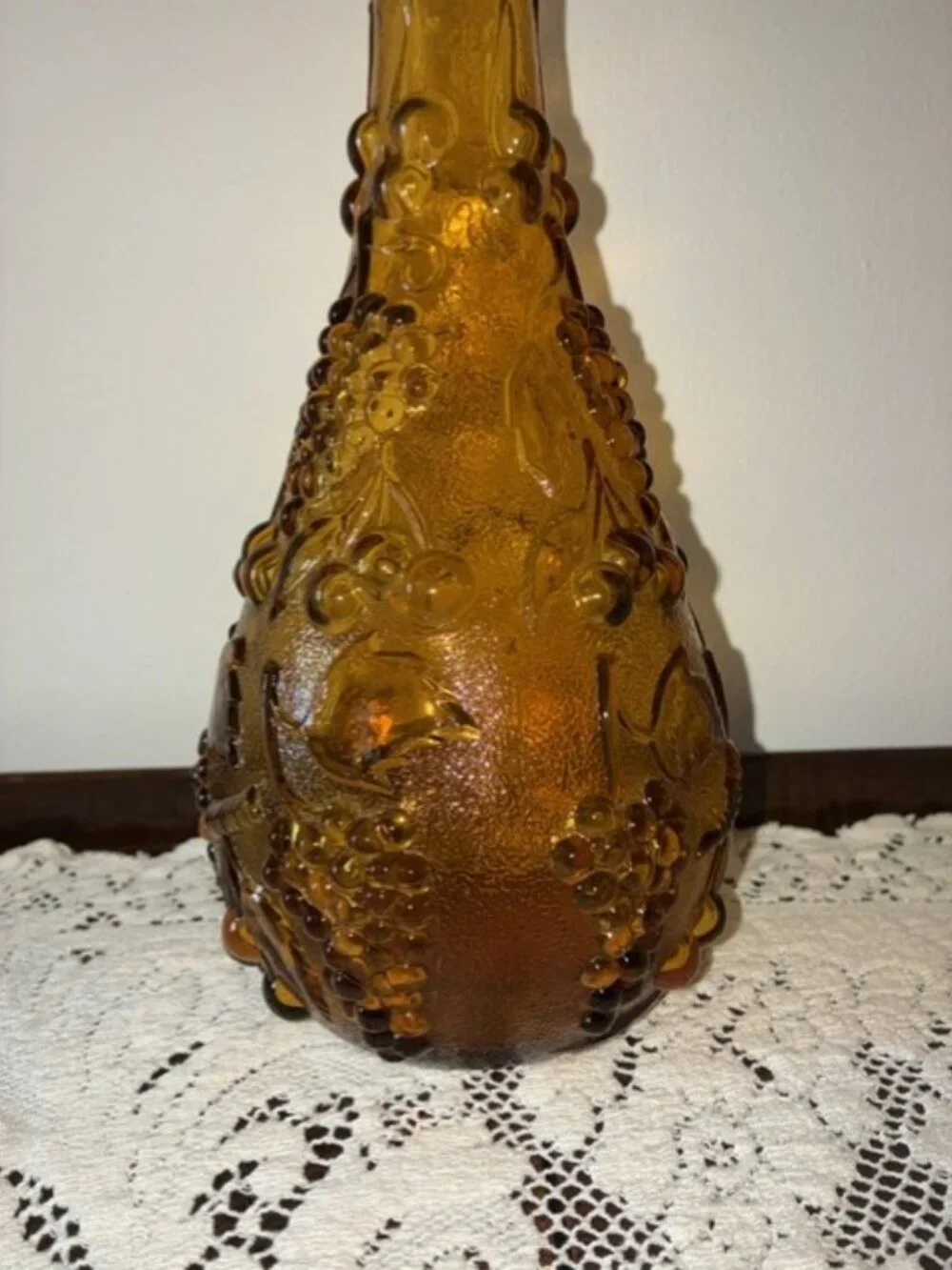 Vintage 1960's Italy Empoli Glass Amber Grapevine Genie Bottle - No Stopper